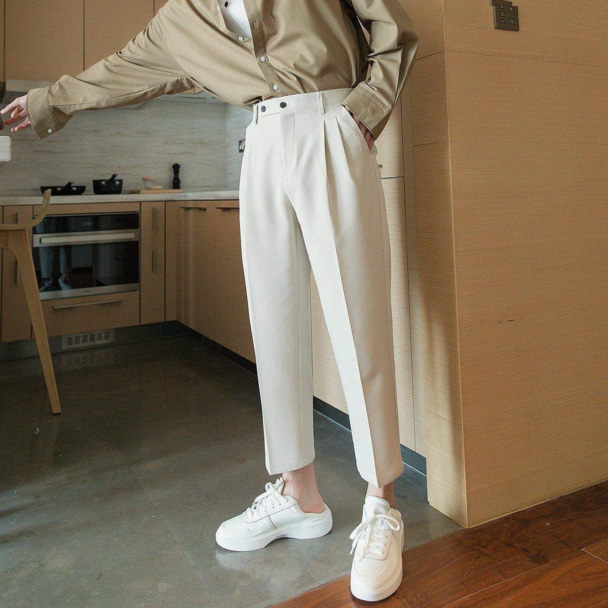 Korean style summer casual beige pants with belt