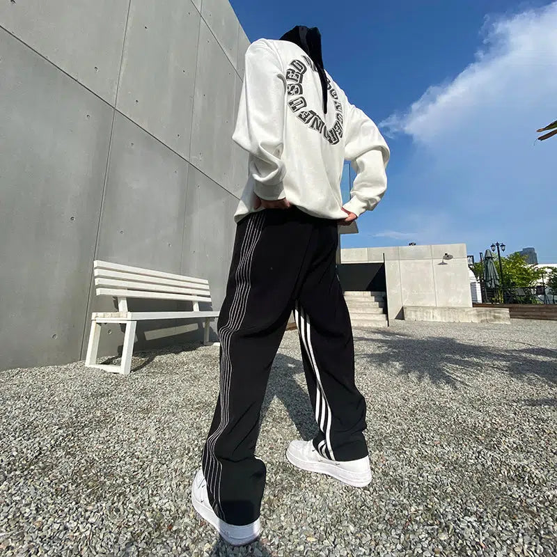 Korean Street Style Sweatpants  Black Sweatpants Stripes - Black