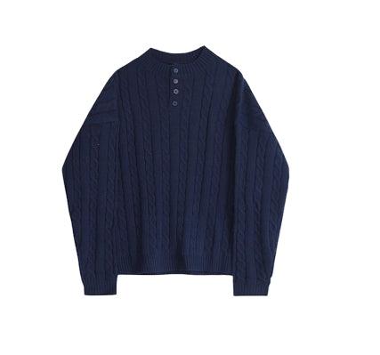 Henry Collar Twisted Knit Sweater-The Korean Fashion