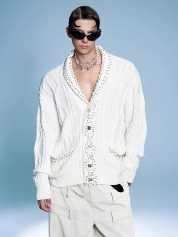 Pearl-Embellished Cable Knit Cardigan-The Korean Fashion