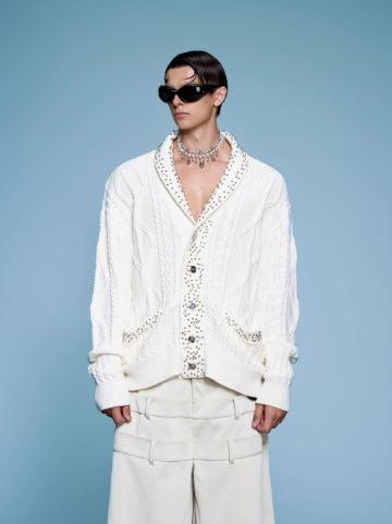 Pearl-Embellished Cable Knit Cardigan-The Korean Fashion