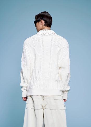 Pearl-Embellished Cable Knit Cardigan-The Korean Fashion