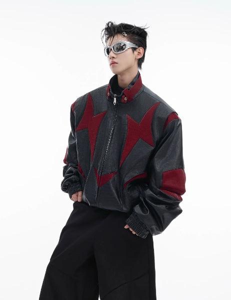 Crocodile Pattern Contrast Leather Jacket-The Korean Fashion