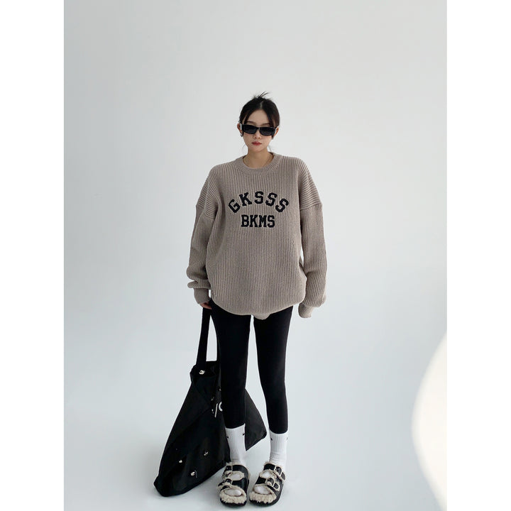 Lettering Print Oversized Knit Sweatshirt-The Korean Fashion