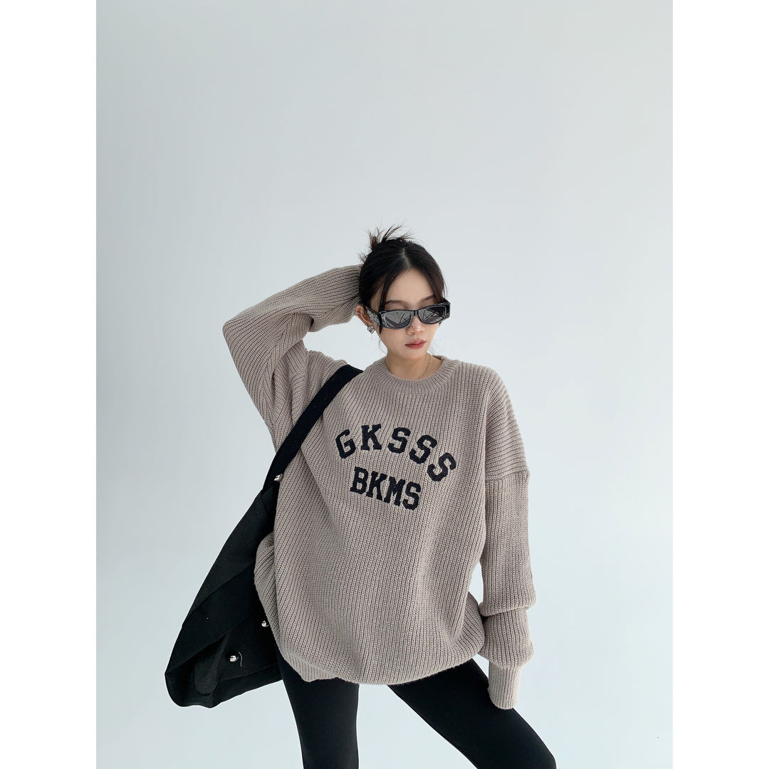 Lettering Print Oversized Knit Sweatshirt-The Korean Fashion