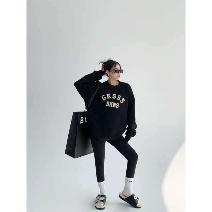 Lettering Print Oversized Knit Sweatshirt-The Korean Fashion