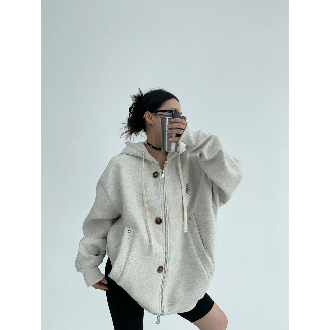 Embroidered Hooded Button Zipper Coat