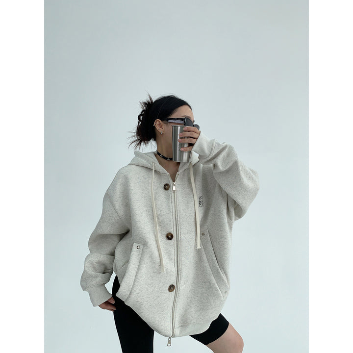 Embroidered Hooded Button Zipper Coat-The Korean Fashion