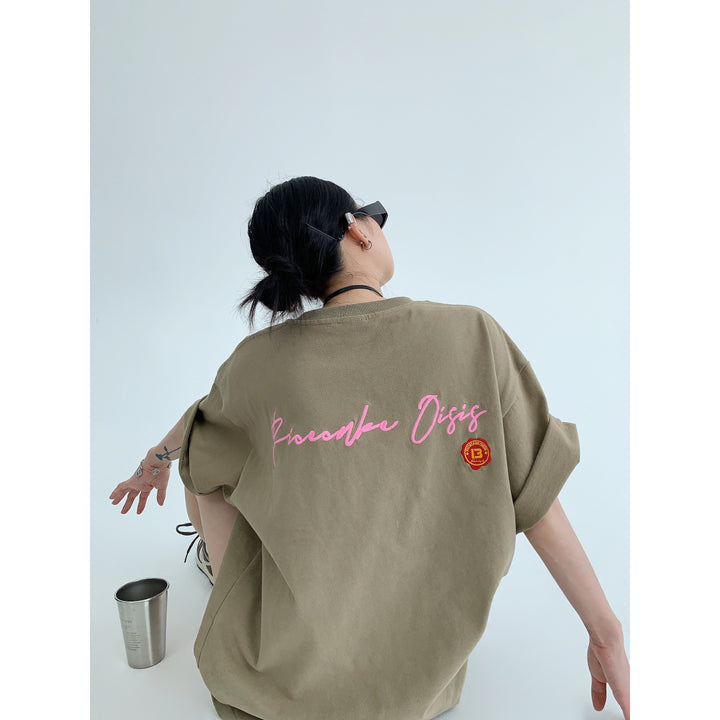 Back Lettering Embroidered T-shirt-The Korean Fashion