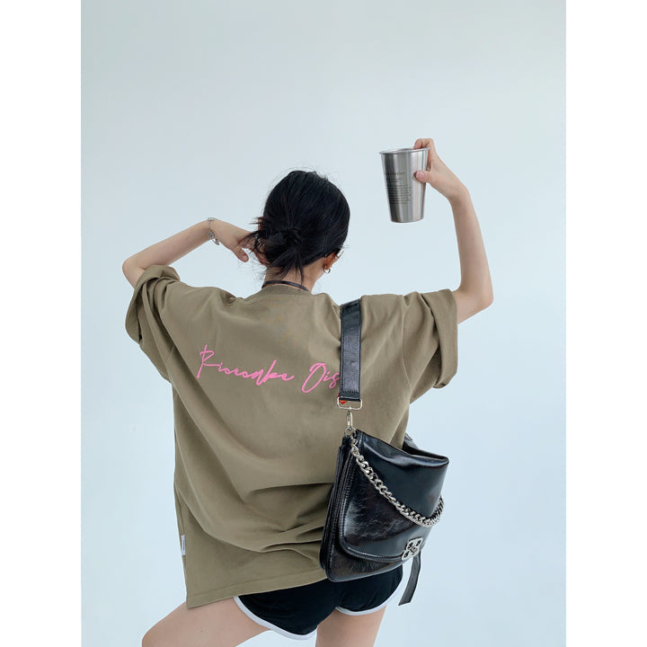 Back Lettering Embroidered T-shirt-The Korean Fashion