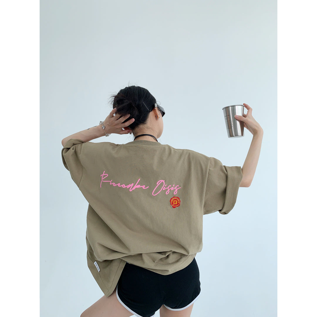 Back Lettering Embroidered T-shirt-The Korean Fashion