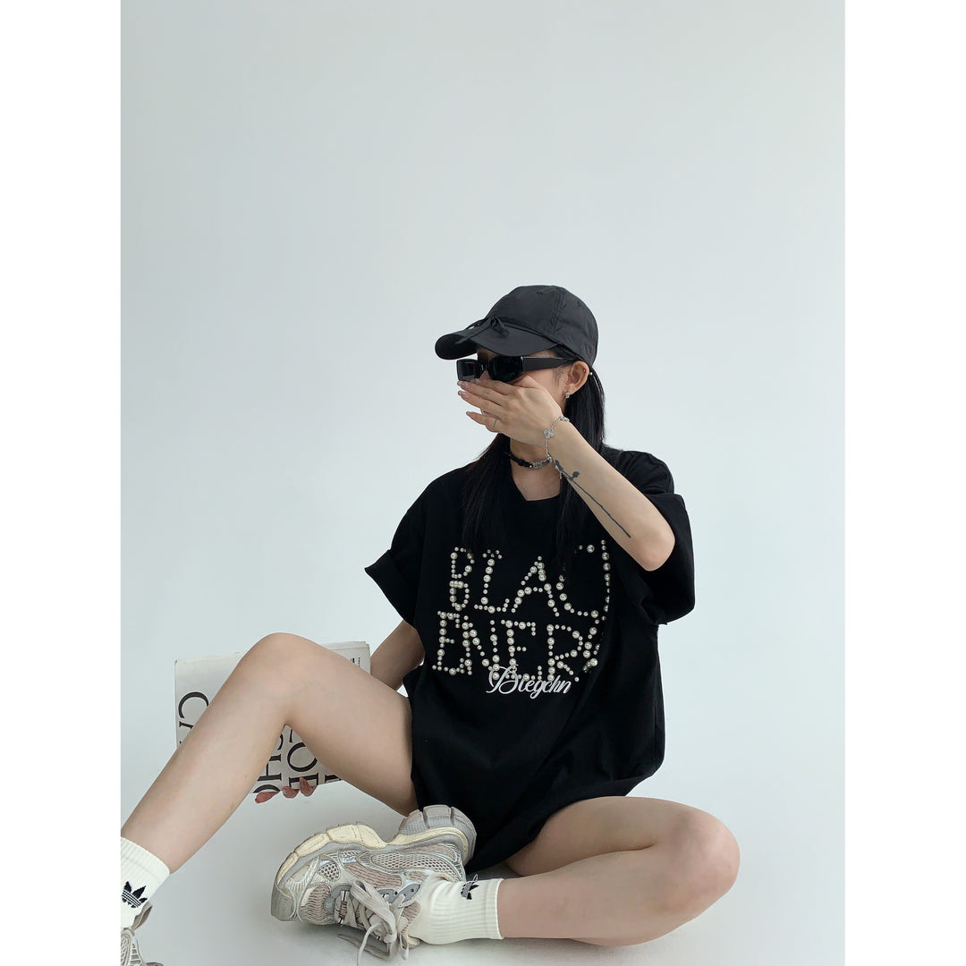 Pearl Letter Embellished T-shirt-The Korean Fashion