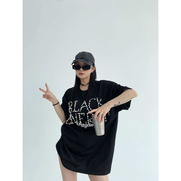 Pearl Letter Embellished T-shirt-The Korean Fashion