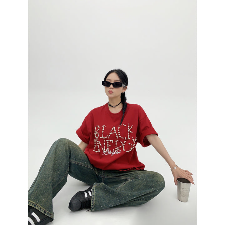 Pearl Letter Embellished T-shirt-The Korean Fashion