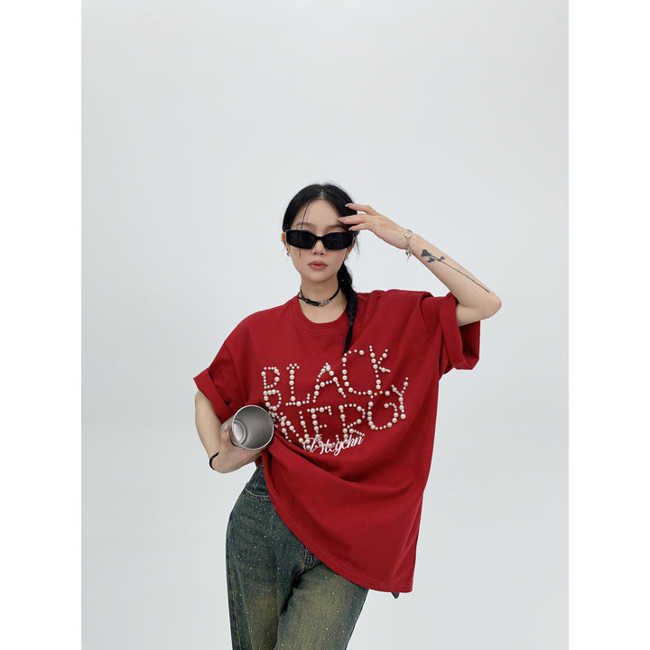 Pearl Letter Embellished T-shirt-The Korean Fashion