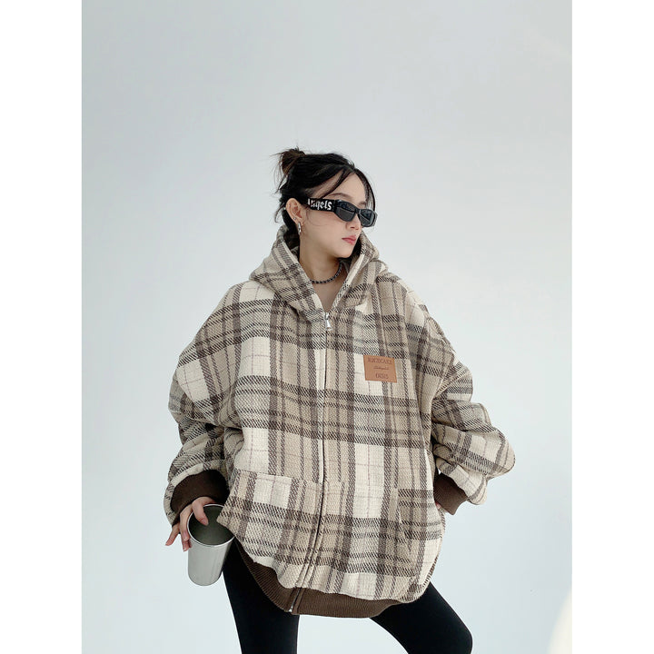 Plaid Zip-Up Down Jacket-The Korean Fashion