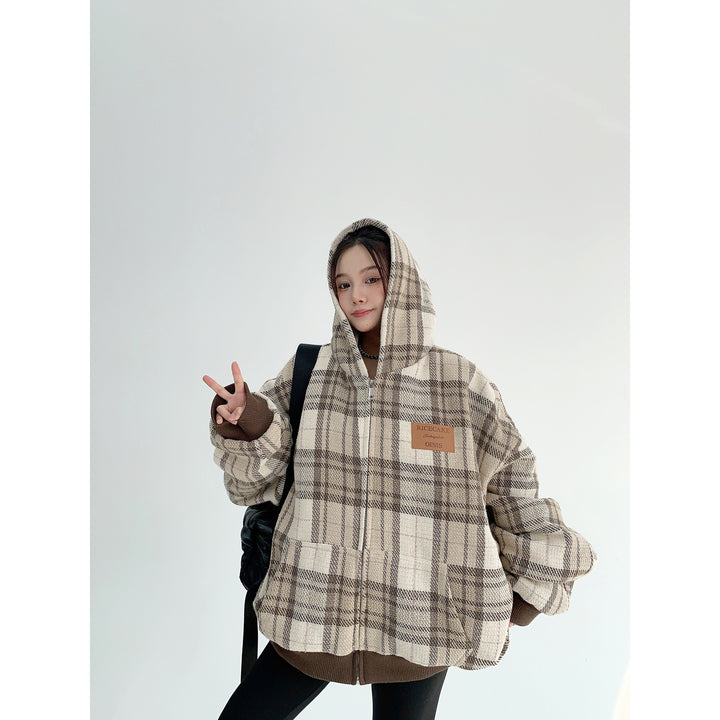 Plaid Zip-Up Down Jacket-The Korean Fashion