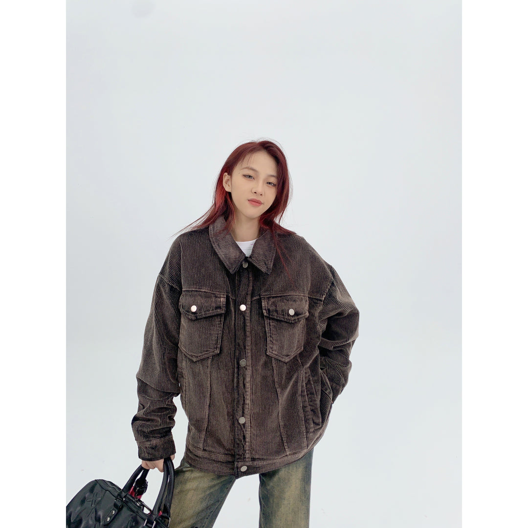 Corduroy Button Closure Oversized Coat-The Korean Fashion