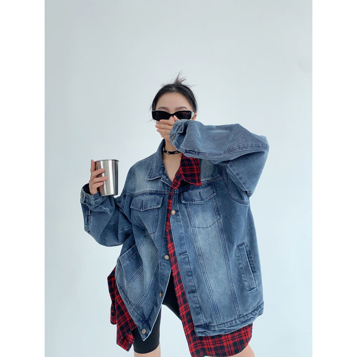 Oversized Plaid Denim Jacket-The Korean Fashion