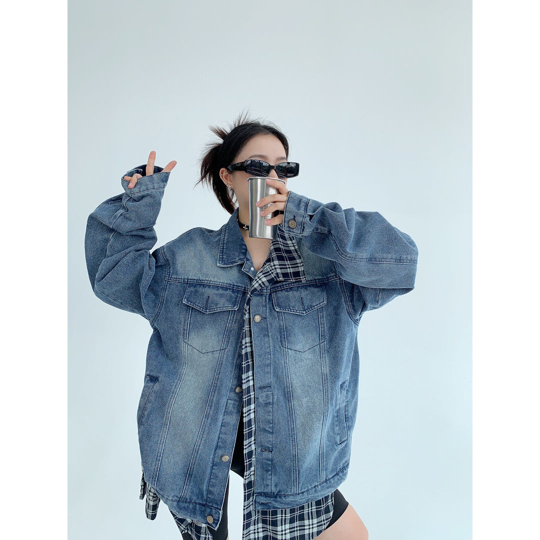 Oversized Plaid Denim Jacket-The Korean Fashion