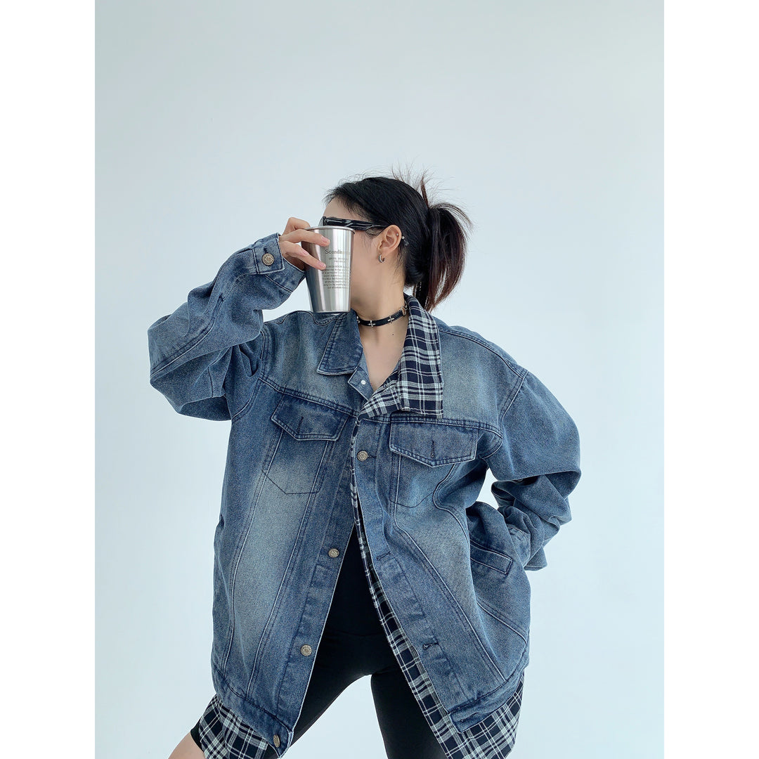 Oversized Plaid Denim Jacket-The Korean Fashion