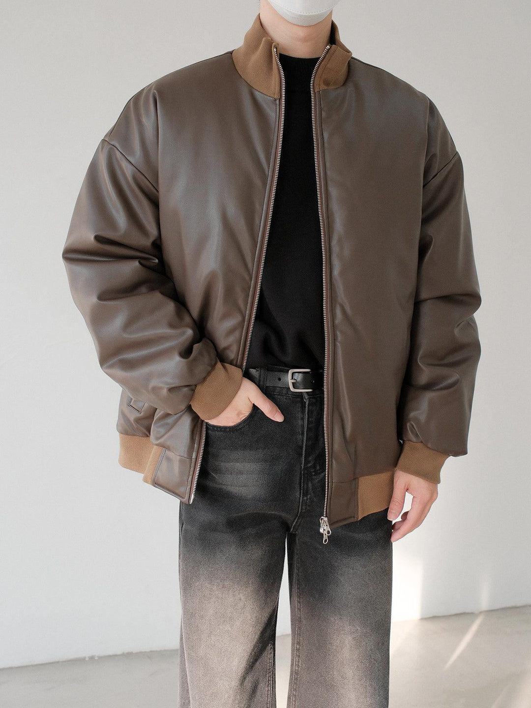 Stand-Up Collar Leather Coat-The Korean Fashion