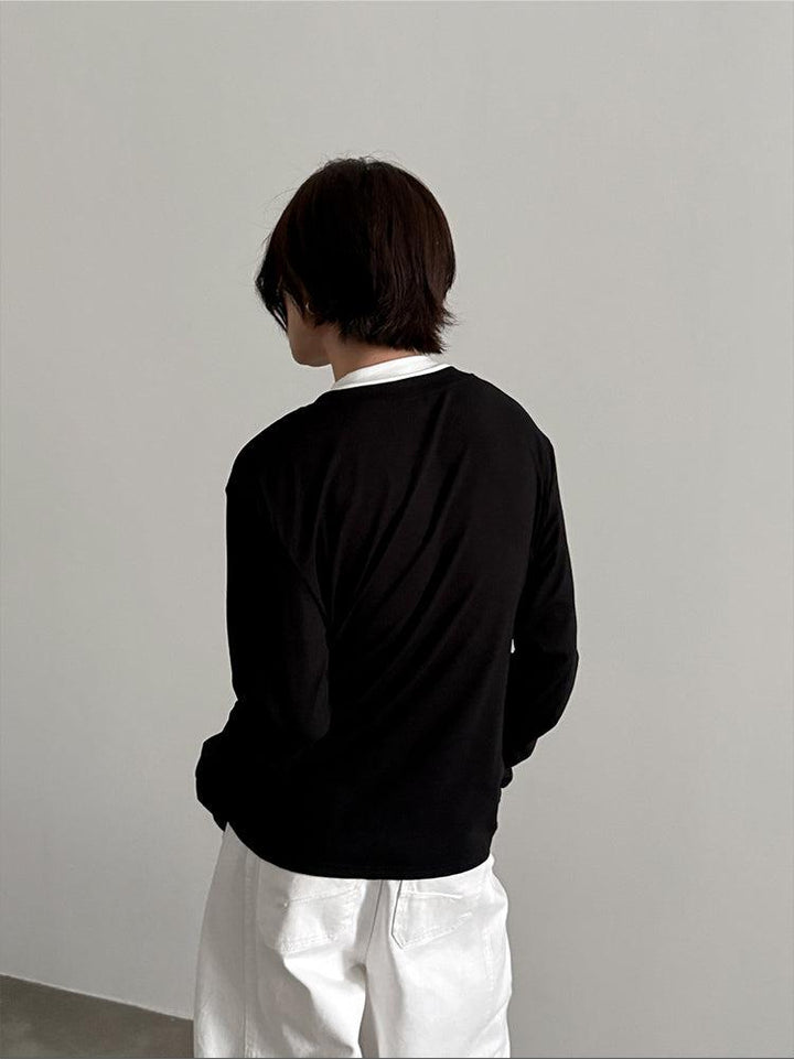 Long-Sleeve Henley Layered Pullover-The Korean Fashion