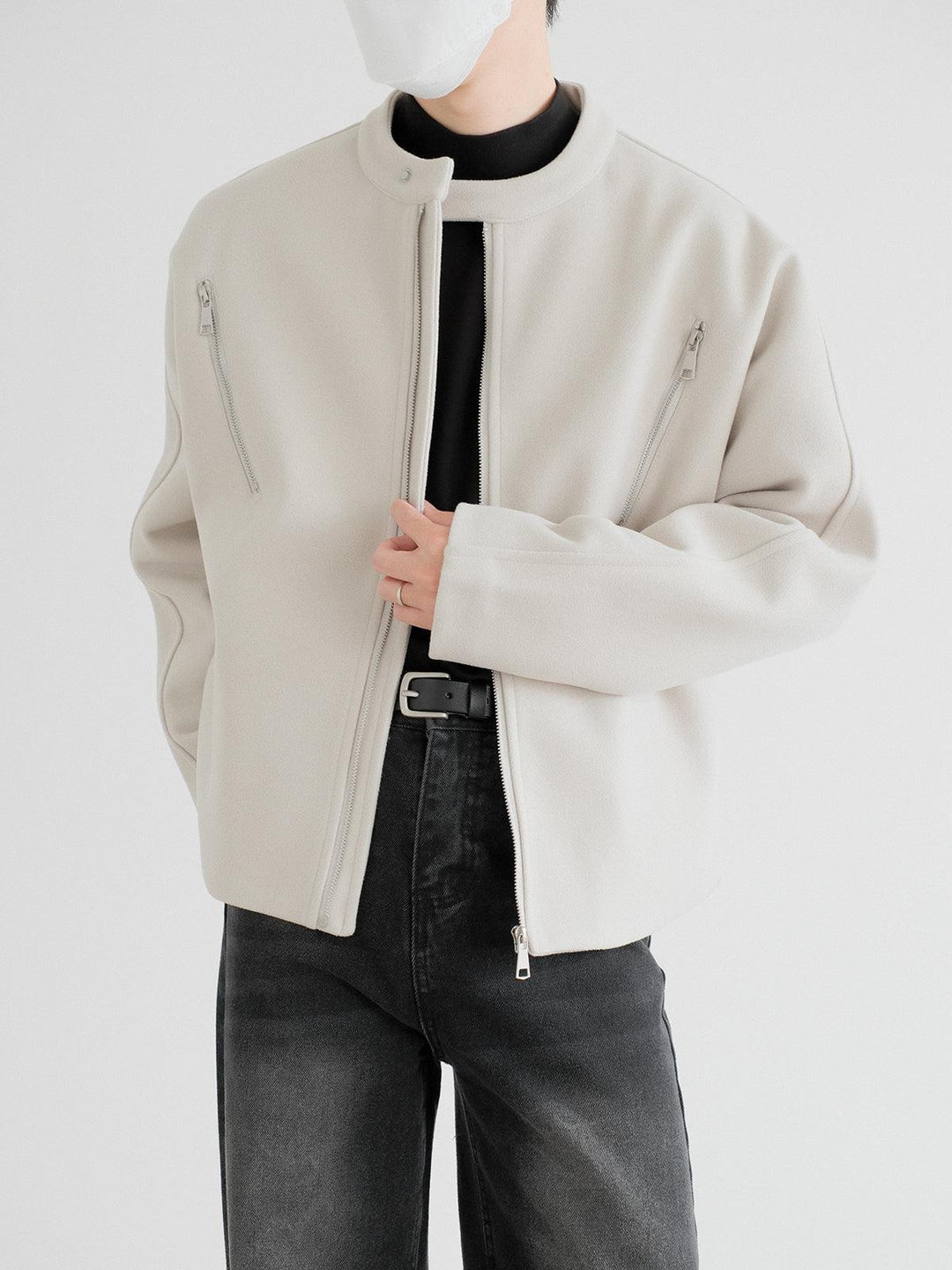 Round Neck Zippered Woolen Jacket-The Korean Fashion