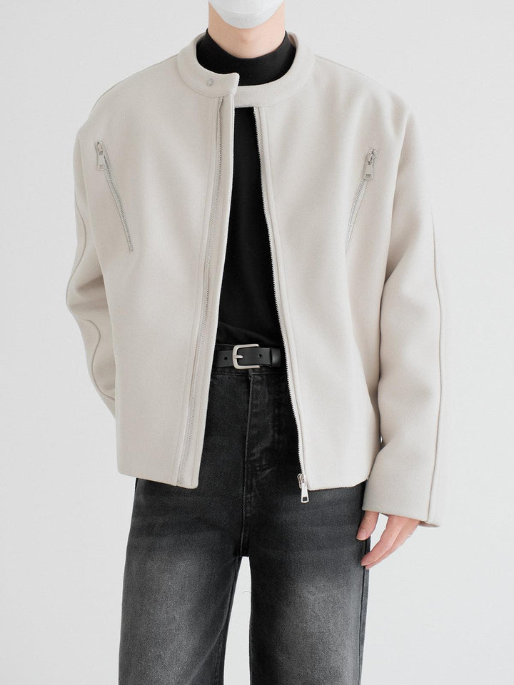 Round Neck Zippered Woolen Jacket