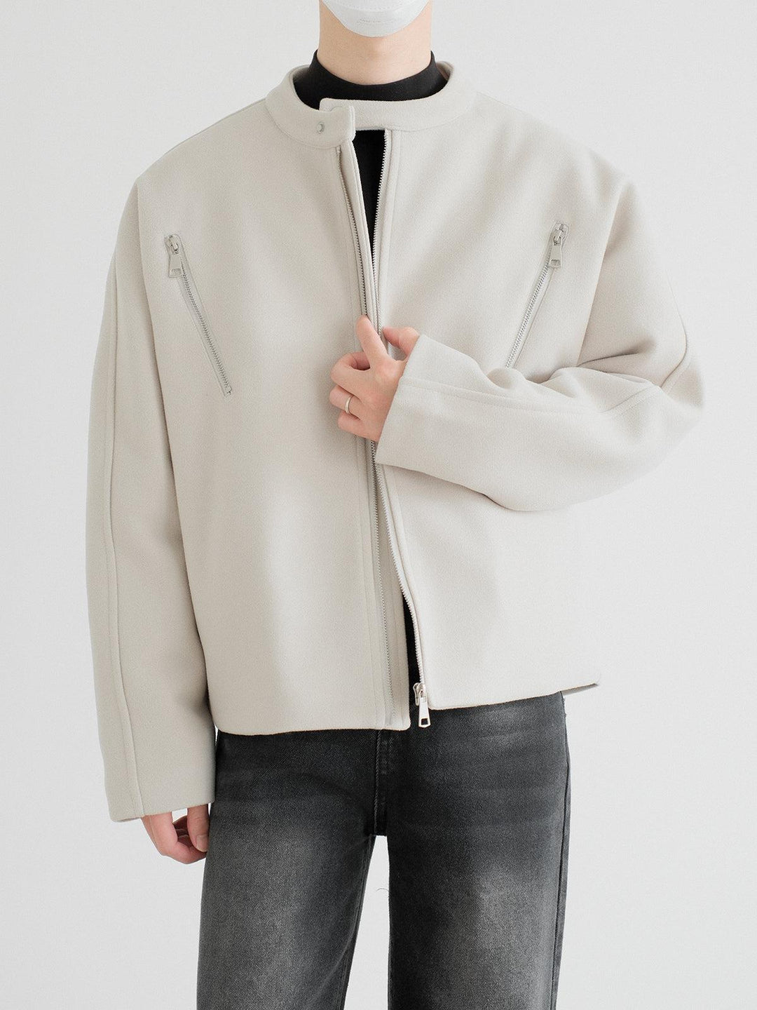 Round Neck Zippered Woolen Jacket-The Korean Fashion