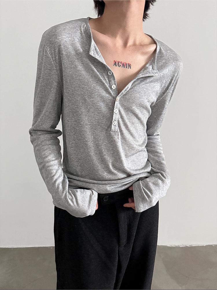 Tencel Long-Sleeve Henley Pullover-The Korean Fashion