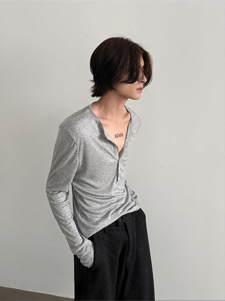 Tencel Long-Sleeve Henley Pullover-The Korean Fashion