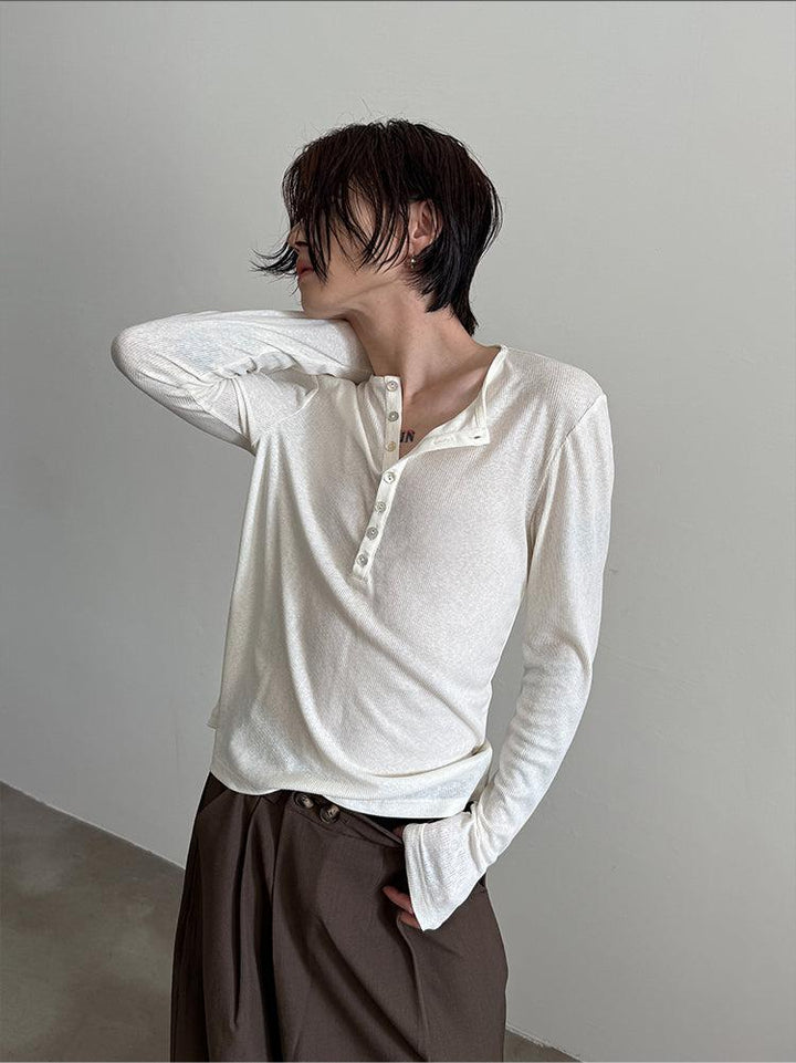 Tencel Long-Sleeve Henley Pullover-The Korean Fashion