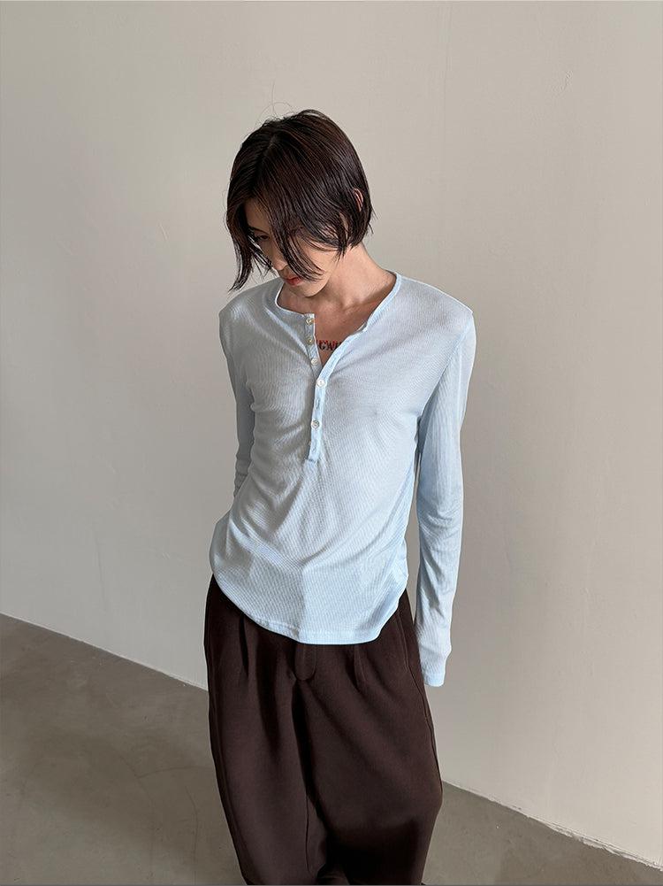 Tencel Long-Sleeve Henley Pullover-The Korean Fashion