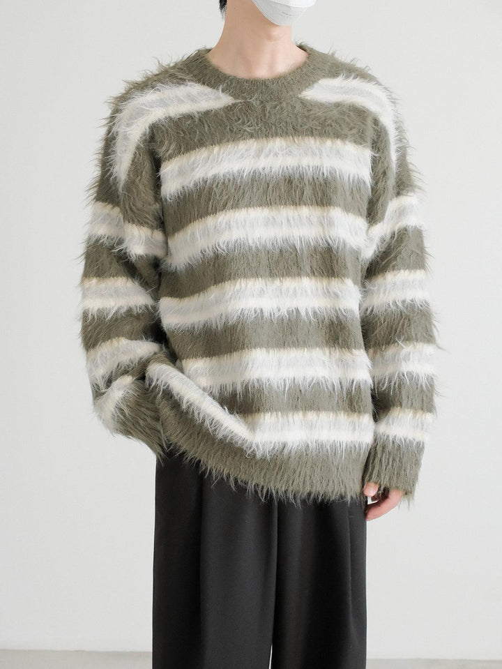 Long-Pile Mohair Striped Sweater-The Korean Fashion