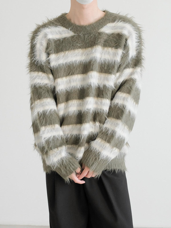 Long-Pile Mohair Striped Sweater-The Korean Fashion