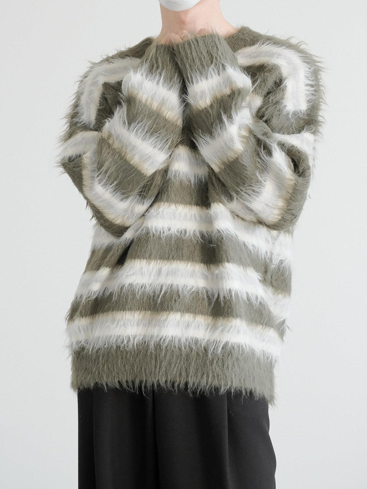 Long-Pile Mohair Striped Sweater-The Korean Fashion