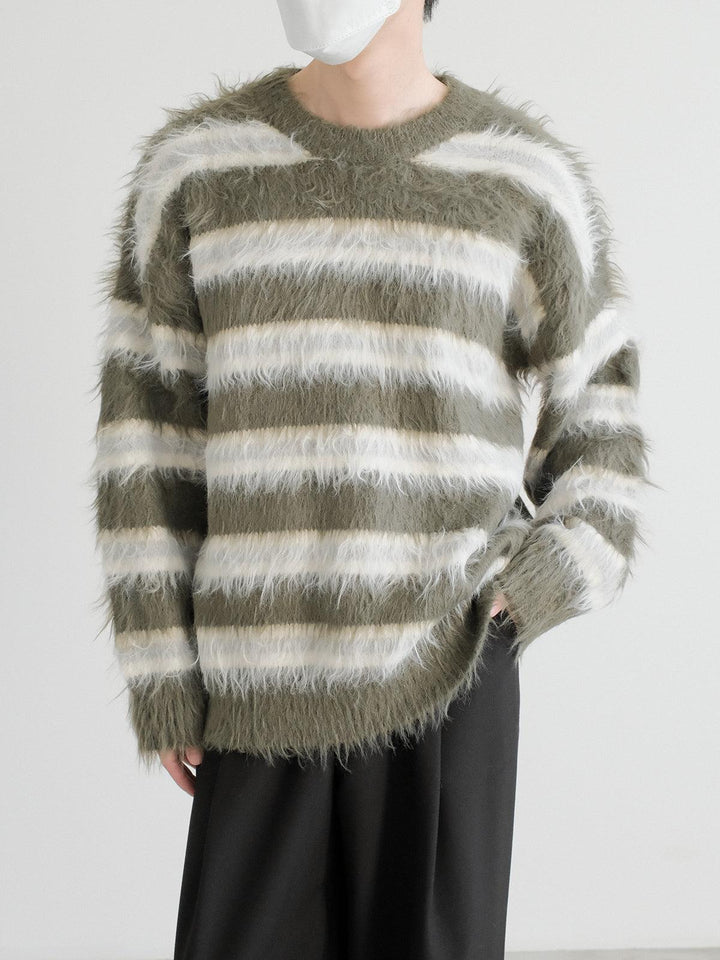 Long-Pile Mohair Striped Sweater-The Korean Fashion