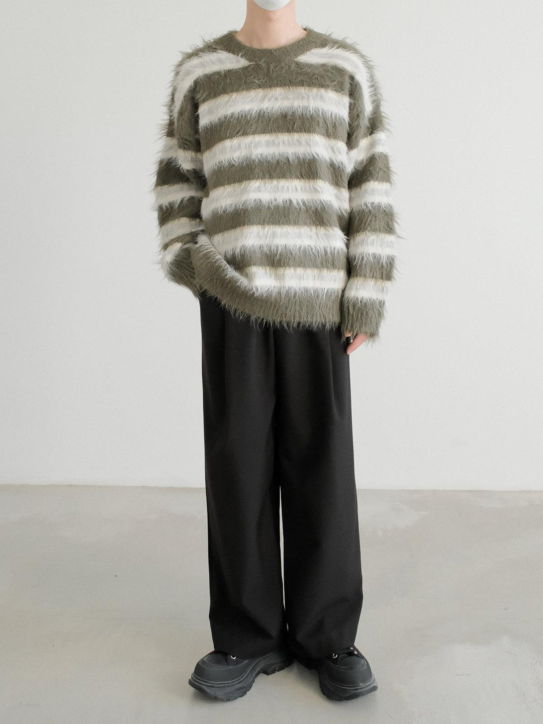 Long-Pile Mohair Striped Sweater-The Korean Fashion