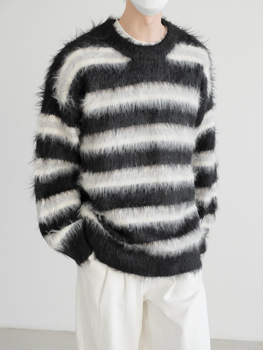 Long-Pile Mohair Striped Sweater-The Korean Fashion