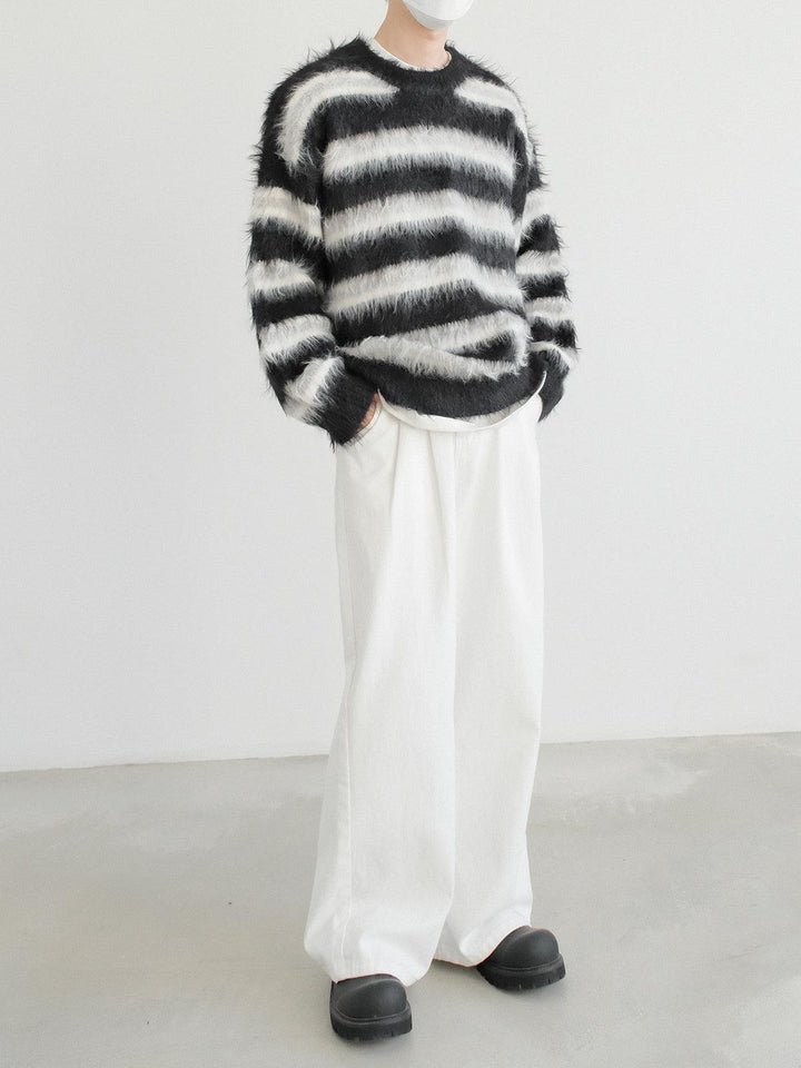 Long-Pile Mohair Striped Sweater-The Korean Fashion