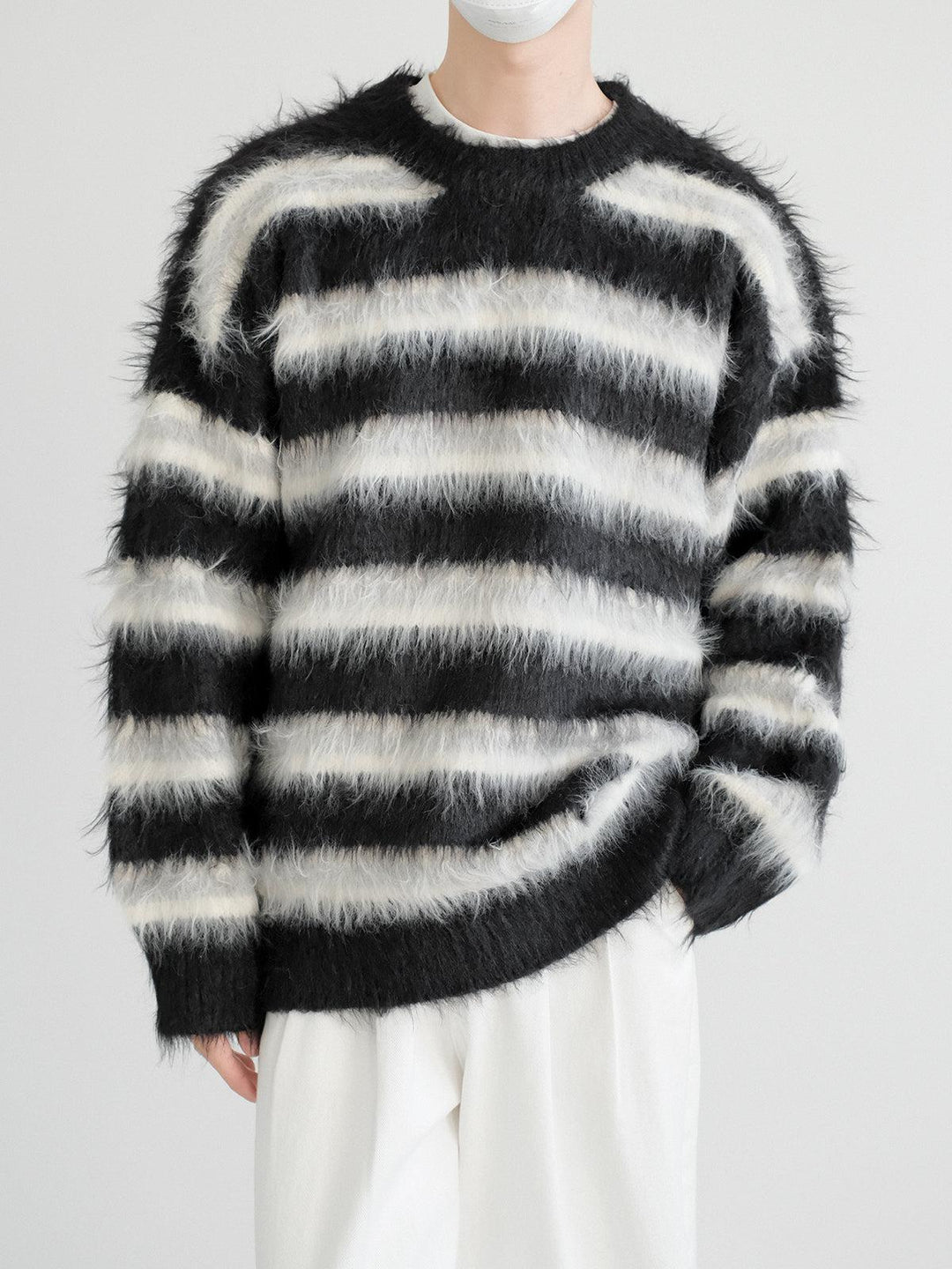 Long-Pile Mohair Striped Sweater-The Korean Fashion