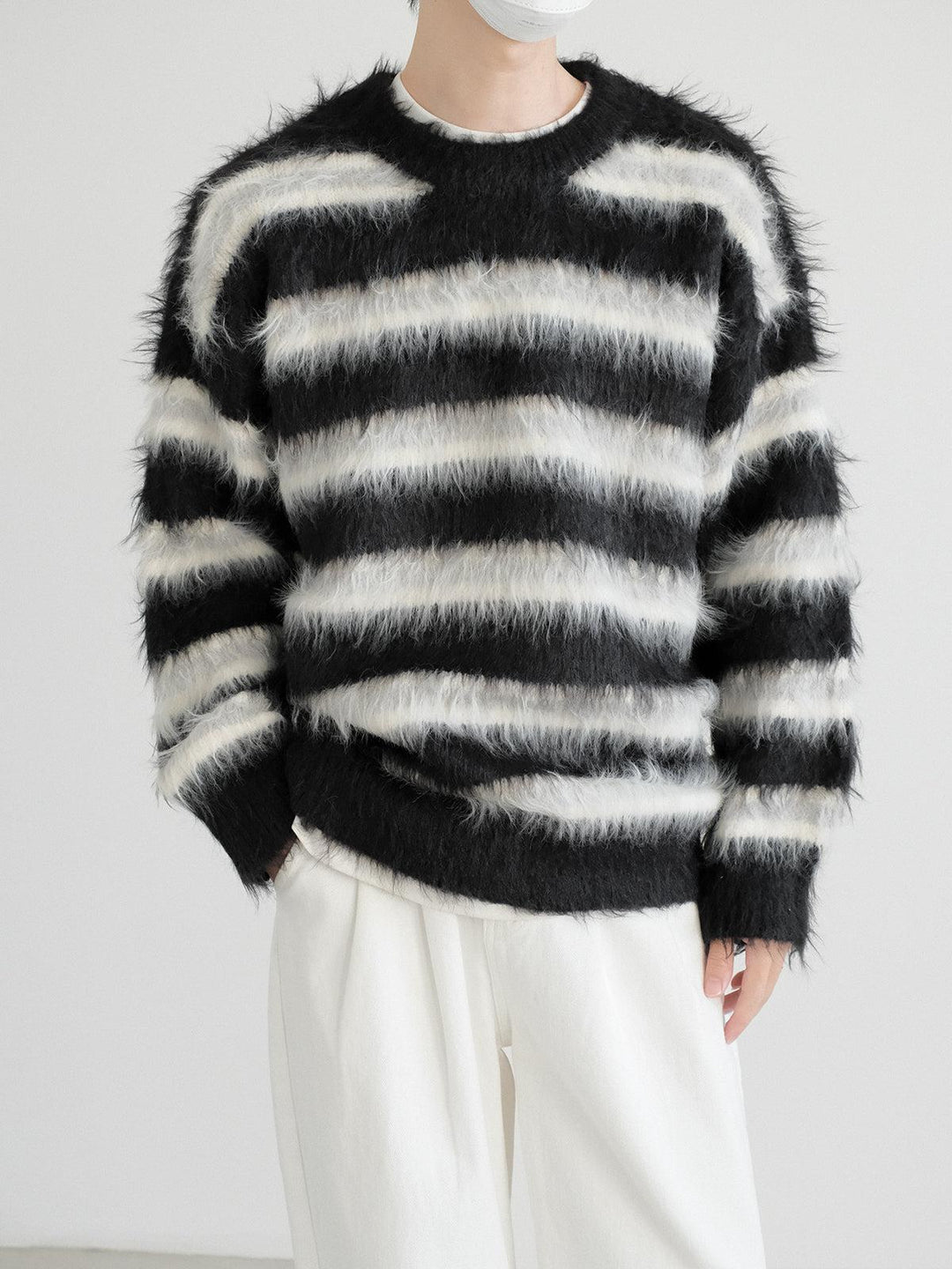 Long-Pile Mohair Striped Sweater-The Korean Fashion