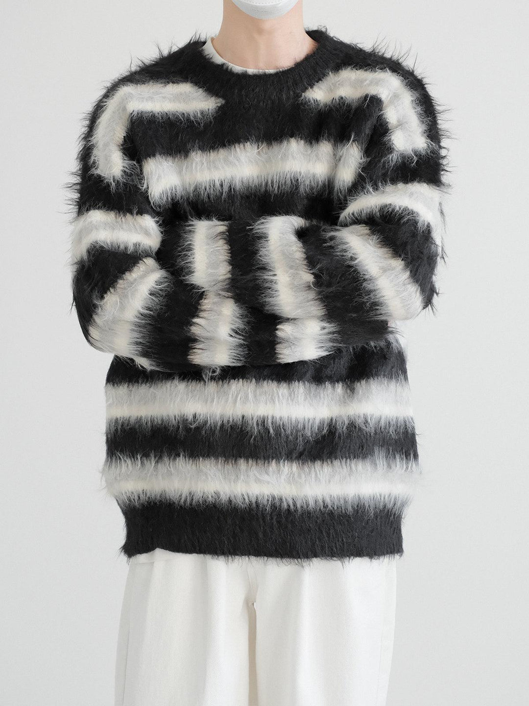 Long-Pile Mohair Striped Sweater-The Korean Fashion