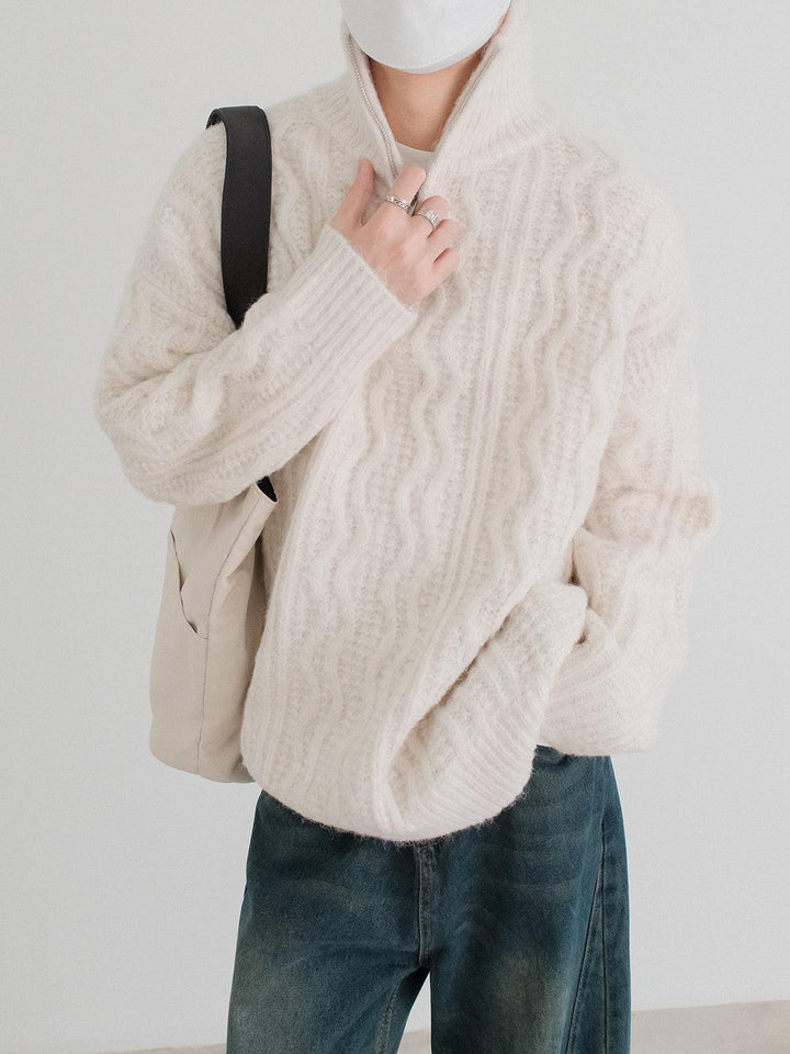 Half-Zip Cable Knit Cardigan-The Korean Fashion