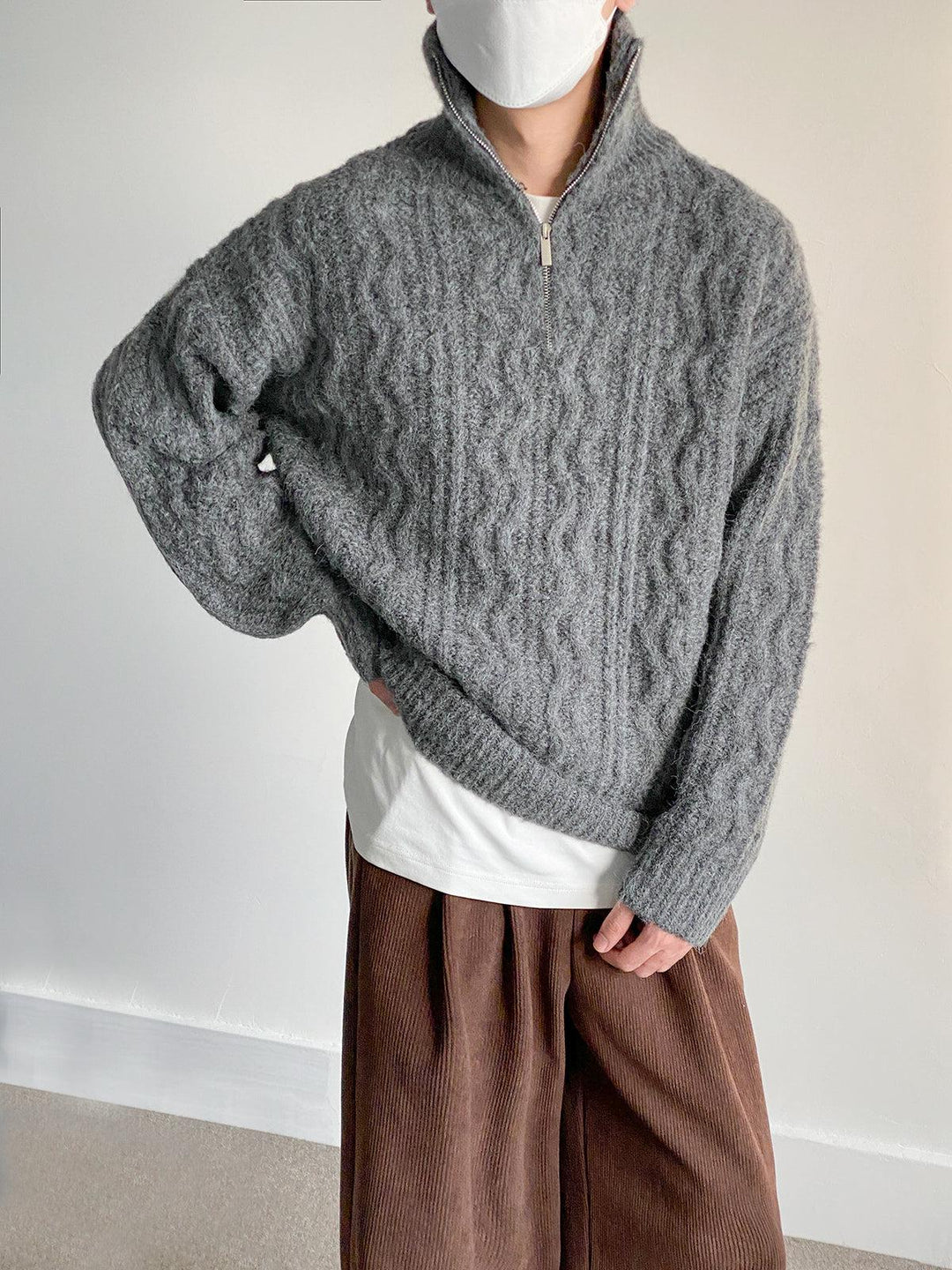 Half-Zip Cable Knit Cardigan-The Korean Fashion