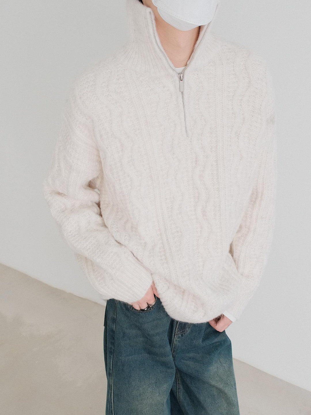 Half-Zip Cable Knit Cardigan-The Korean Fashion