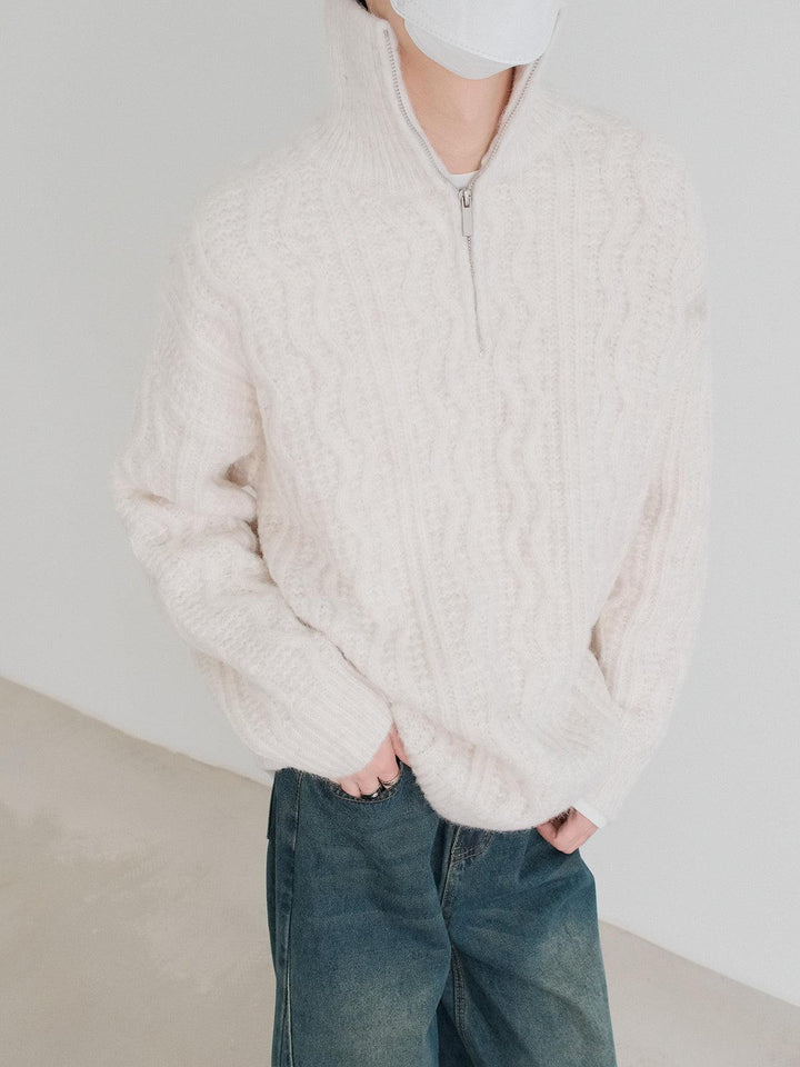 Half-Zip Cable Knit Cardigan-The Korean Fashion