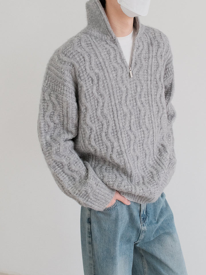 Half-Zip Cable Knit Cardigan-The Korean Fashion