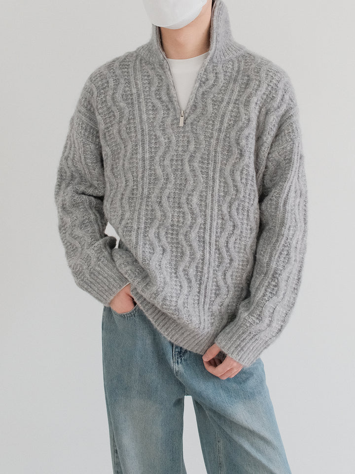 Half-Zip Cable Knit Cardigan-The Korean Fashion